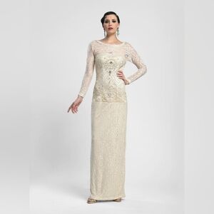 Sue Wong Long Sleeve Crew Neck V-Cut Back Floral Lace Ankle Length Dress